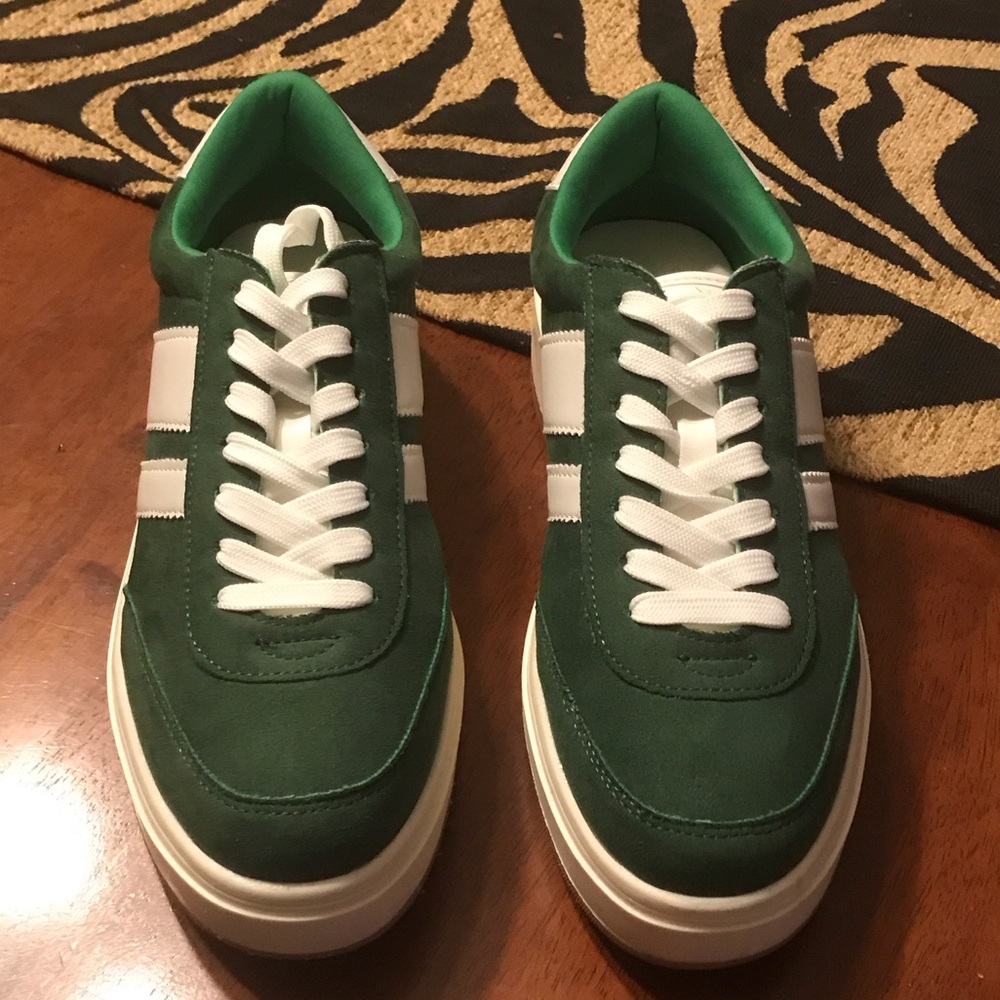 Green Suede Women's Casual Sneakers with White Stripes